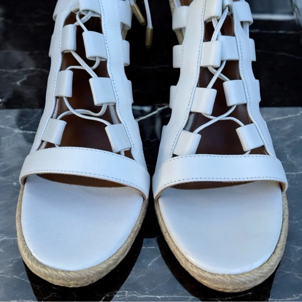 Aquazzura Firenze Amazon Gladiator White Leather Lace-Up Strappy Wedge Sandals
